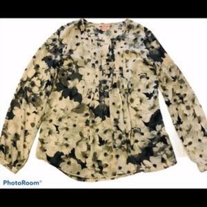 ST. Tropez West Blouse Blk Cream Sheer Floral Pleated‎ Women's Sm